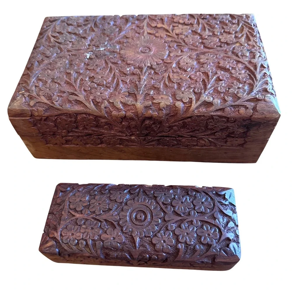 Hand Carved Wood Trinket Box Set 2pc Brown Floral Vine Decor